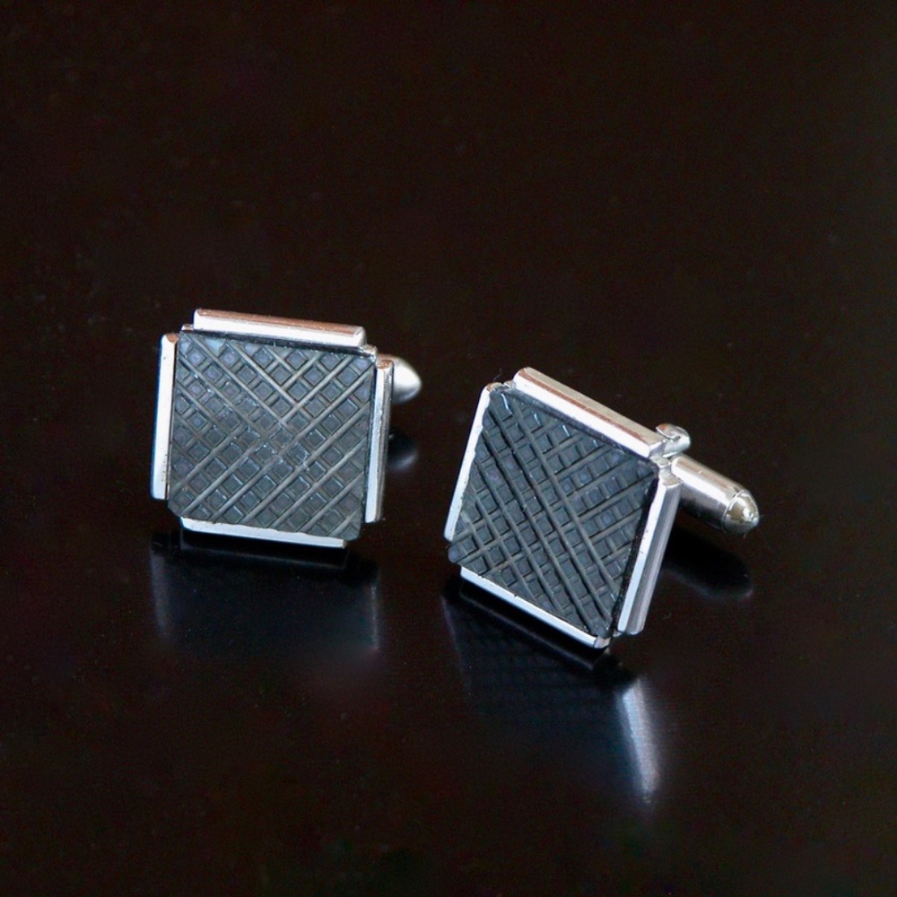 Vtg Modern Swank Cufflinks Grey Check Stone